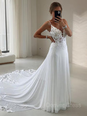 A-Line V-neck Chapel Train Chiffon Wedding Dresses For Black girls With Appliques Lace