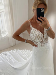 A-Line V-neck Chapel Train Chiffon Wedding Dresses For Black girls With Appliques Lace