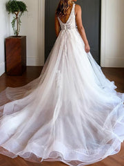 A-Line V-neck Chapel Train Tulle Wedding Dresses For Black girls With Appliques Lace