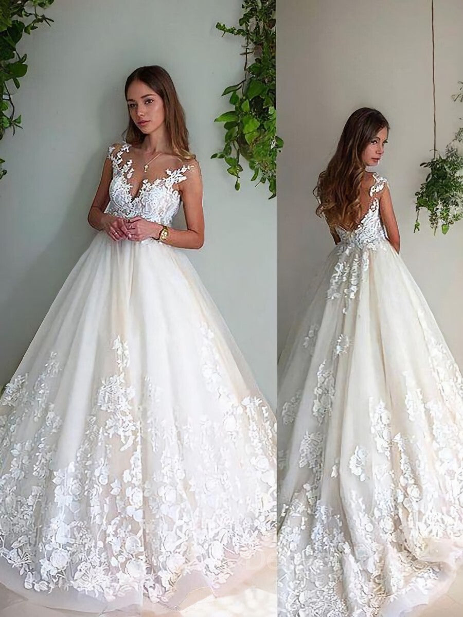A-Line V-neck Court Train Tulle Wedding Dresses For Black girls With Appliques Lace