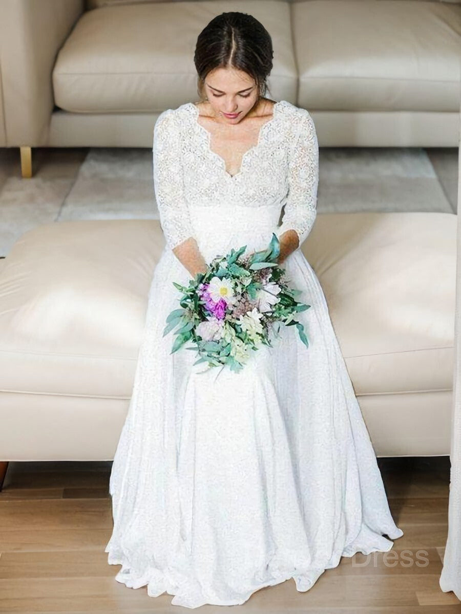 A-Line V-neck Floor-Length Chiffon Wedding Dresses