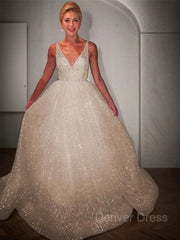A-Line V-neck Floor-Length Prom Dresses