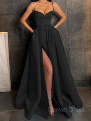 A-Line V-neck Floor-Length Satin Prom Dresses For Black girls With Leg Slit