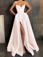 A-Line V-neck Floor-Length Satin Prom Dresses For Black girls With Leg Slit