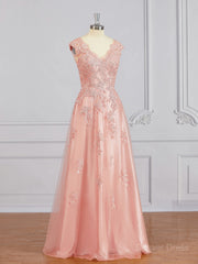 A-Line V-neck Floor-Length Tulle Mother of the Bride Dresses For Black girls With Appliques Lace