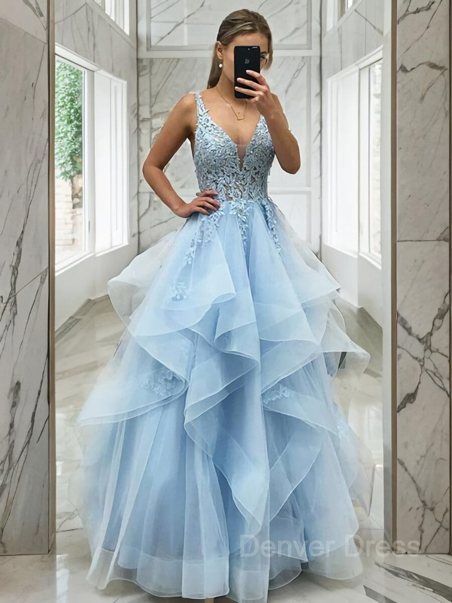 A-Line V-neck Floor-Length Tulle Prom Dresses