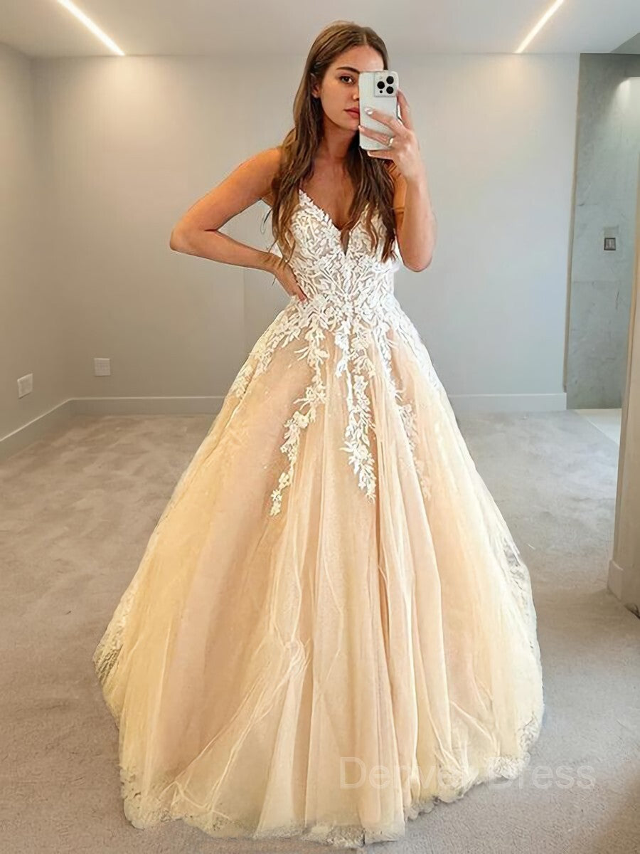 A-Line V-neck Floor-Length Tulle Prom Dresses For Black girls With Appliques Lace