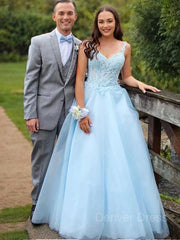A-Line V-neck Floor-Length Tulle Prom Dresses For Black girls With Appliques Lace