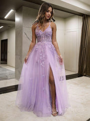 A-Line V-neck Floor-Length Tulle Prom Dresses For Black girls With Leg Slit