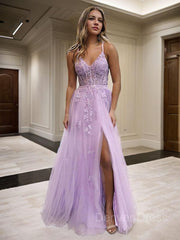 A-Line V-neck Floor-Length Tulle Prom Dresses For Black girls With Leg Slit