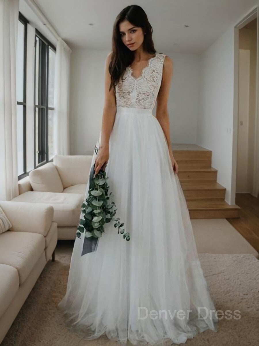 A-Line V-neck Floor-Length Tulle Wedding Dresses