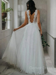 A-Line V-neck Floor-Length Tulle Wedding Dresses