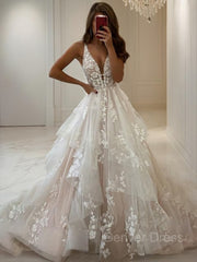 A-Line V-neck Floor-Length Tulle Wedding Dresses For Black girls With Appliques Lace