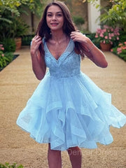 A-Line V-neck Short Tulle Homecoming Dresses For Black girls With Cascading Ruffles