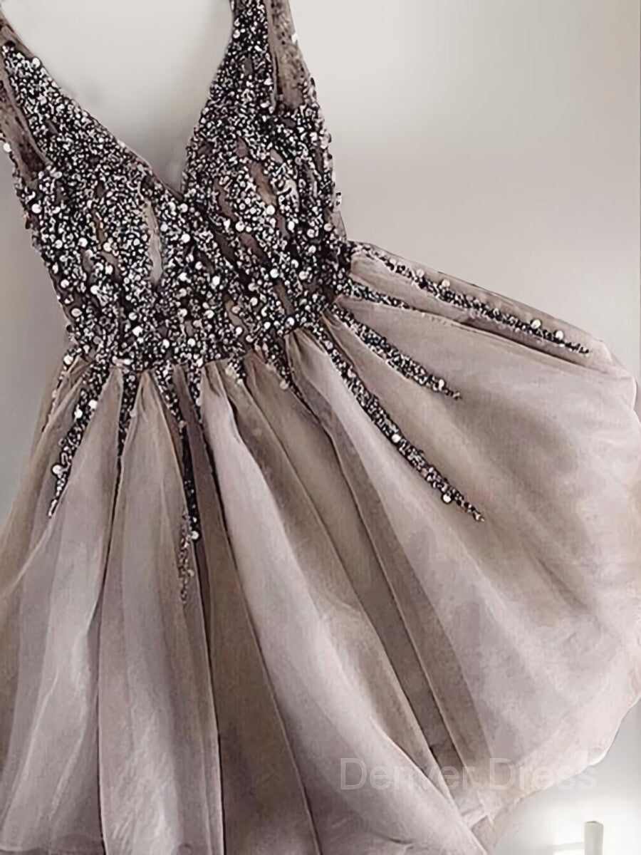 A-Line V-neck Short Tulle Homecoming Dresses For Black girls With Sequin