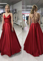 A Line Princess V Neck Sleeveless Satin Long Floor Length Prom Dress