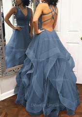 A Line Princess V Neck Sleeveless Tulle Long Floor Length Prom Dress Outfits For Women With Pleated