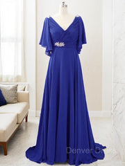 A-Line V-neck Sweep Train Chiffon Mother of the Bride Dresses For Black girls With Beading