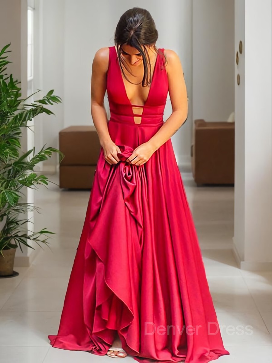 A-Line V-neck Sweep Train Elastic Woven Satin Evening Dresses For Black girls With Ruffles