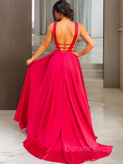 A-Line V-neck Sweep Train Elastic Woven Satin Evening Dresses For Black girls With Ruffles