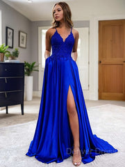 A-Line V-neck Sweep Train Elastic Woven Satin Prom Dresses For Black girls With Pockets