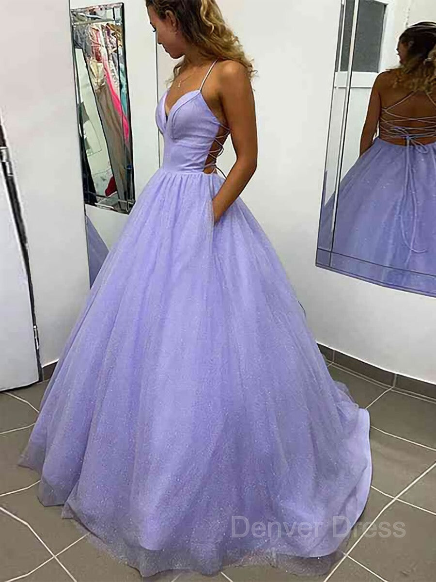 A-Line V-neck Sweep Train Prom Dresses For Black girls With Pockets