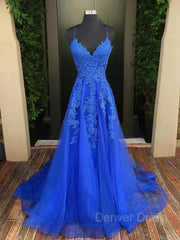 A-Line V-neck Sweep Train Tulle Evening Dresses For Black girls With Appliques Lace
