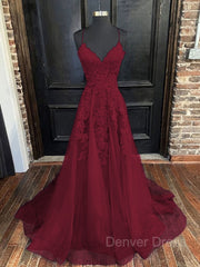 A-Line V-neck Sweep Train Tulle Evening Dresses For Black girls With Appliques Lace