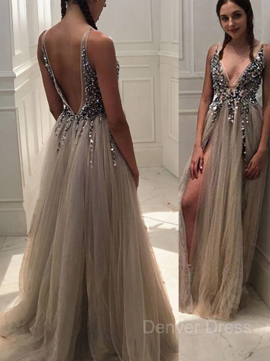 A-Line V-neck Sweep Train Tulle Evening Dresses For Black girls With Rhinestone