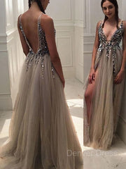 A-Line V-neck Sweep Train Tulle Evening Dresses For Black girls With Rhinestone