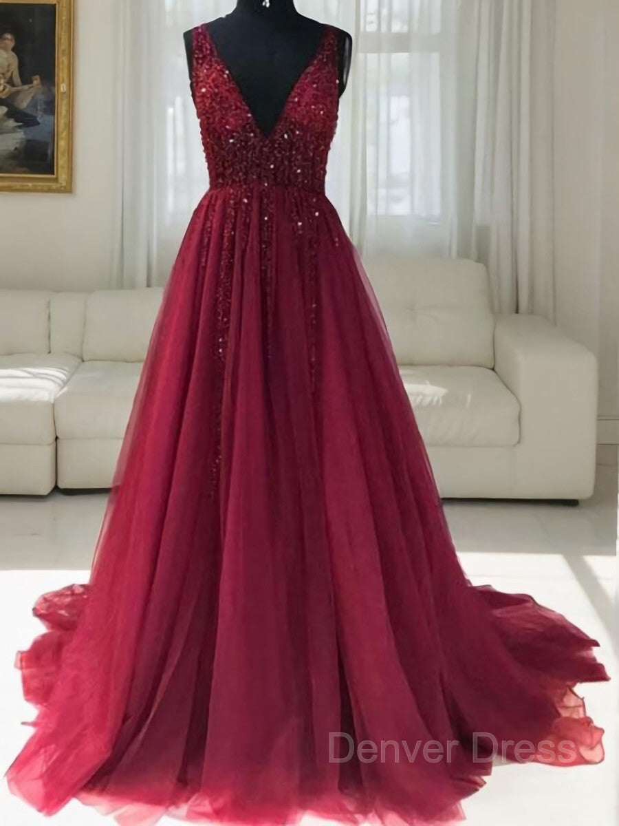 A-Line V-neck Sweep Train Tulle Evening Dresses For Black girls With Ruffles
