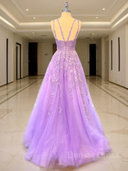 A-Line V-neck Sweep Train Tulle Prom Dresses For Black girls With Appliques Lace