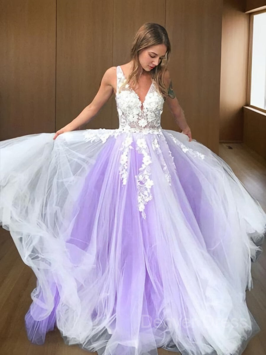 A-Line V-neck Sweep Train Tulle Prom Dresses For Black girls With Appliques Lace