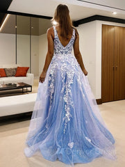 A-Line V-neck Sweep Train Tulle Prom Dresses For Black girls With Leg Slit