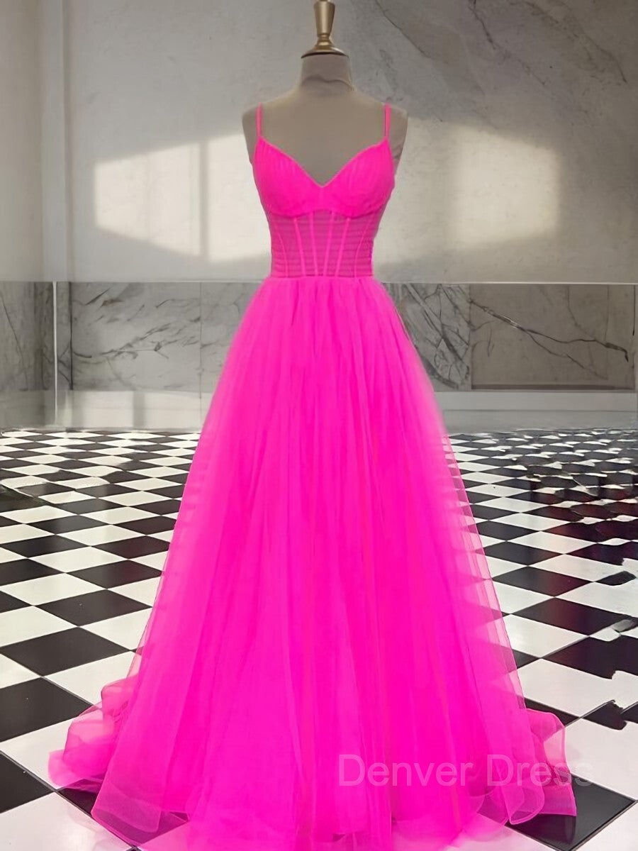 A-Line V-neck Sweep Train Tulle Prom Dresses For Black girls With Ruffles