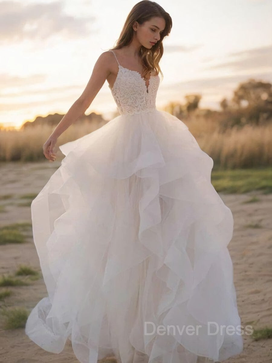 A-Line V-neck Sweep Train Tulle Wedding Dresses