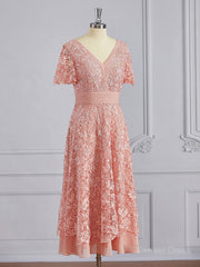 A-Line V-neck Tea-Length Chiffon Mother of the Bride Dresses For Black girls With Appliques Lace