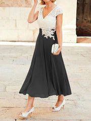 A-Line V-neck Tea-Length Chiffon Mother of the Bride Dresses For Black girls With Lace Applique