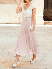 A-Line V-neck Tea-Length Chiffon Mother of the Bride Dresses For Black girls With Lace Applique