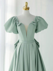 A-Line Puff Sleeves Green Long Prom Dress Outfits For Girls, Green Formal Dress