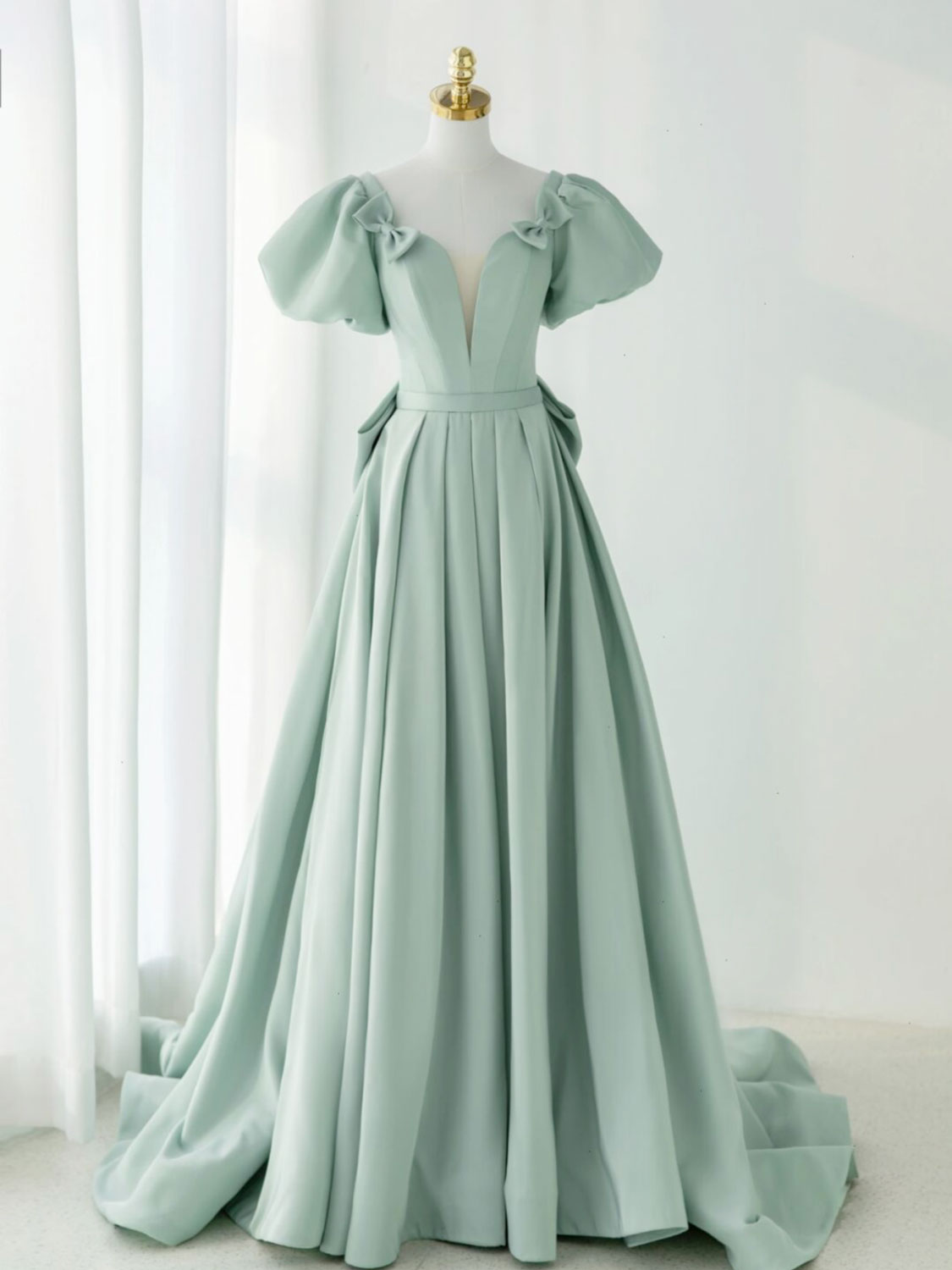 A-Line Puff Sleeves Green Long Prom Dress Outfits For Girls, Green Formal Dress