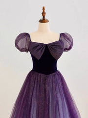 A-Line Purple Long Prom Dress Outfits For Girls, Purple Tulle Evening Dress