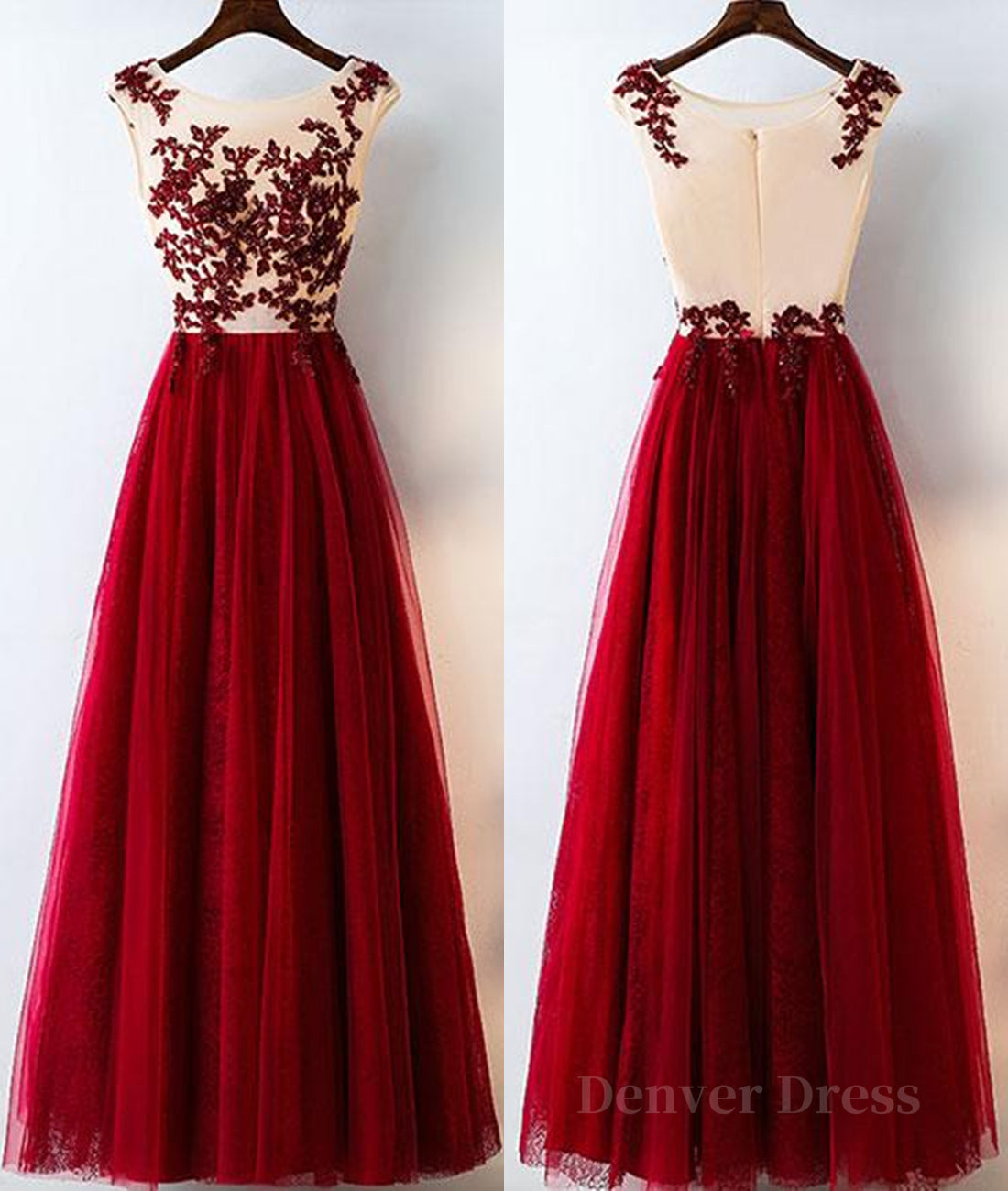 A Line Round Neck Burgundy Lace Tulle Long Prom Dress, Burgundy Lace Evening Dress, Burgundy Lace Graduation Dress