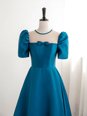 A-Line Satin Blue Long Prom Dress Outfits For Girls, Blue Long Formal Evening Dresses