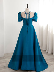 A-Line Satin Blue Long Prom Dress Outfits For Girls, Blue Long Formal Evening Dresses