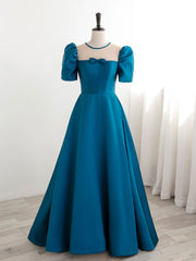 A-Line Satin Blue Long Prom Dress Outfits For Girls, Blue Long Formal Evening Dresses