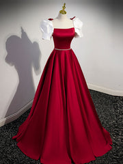 A-Line Satin Burgundy Long Prom Dresses For Black girls For Women, Puffy Sleeve Formal Evening Dress