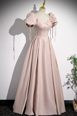 A-Line Satin Floor Length Pink Corset Prom Dress Outfits For Girls, Off the Shoulder Evening Dress