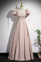 A-Line Satin Floor Length Pink Corset Prom Dress Outfits For Girls, Off the Shoulder Evening Dress
