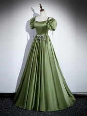 A-Line Satin Green Long Prom Dress Outfits For Girls, Green Formal Evening Dress